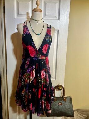 Catch Me Wms Navy Pink Floral Pleated Cutout Pocket Babydoll Boho Mini Dress M